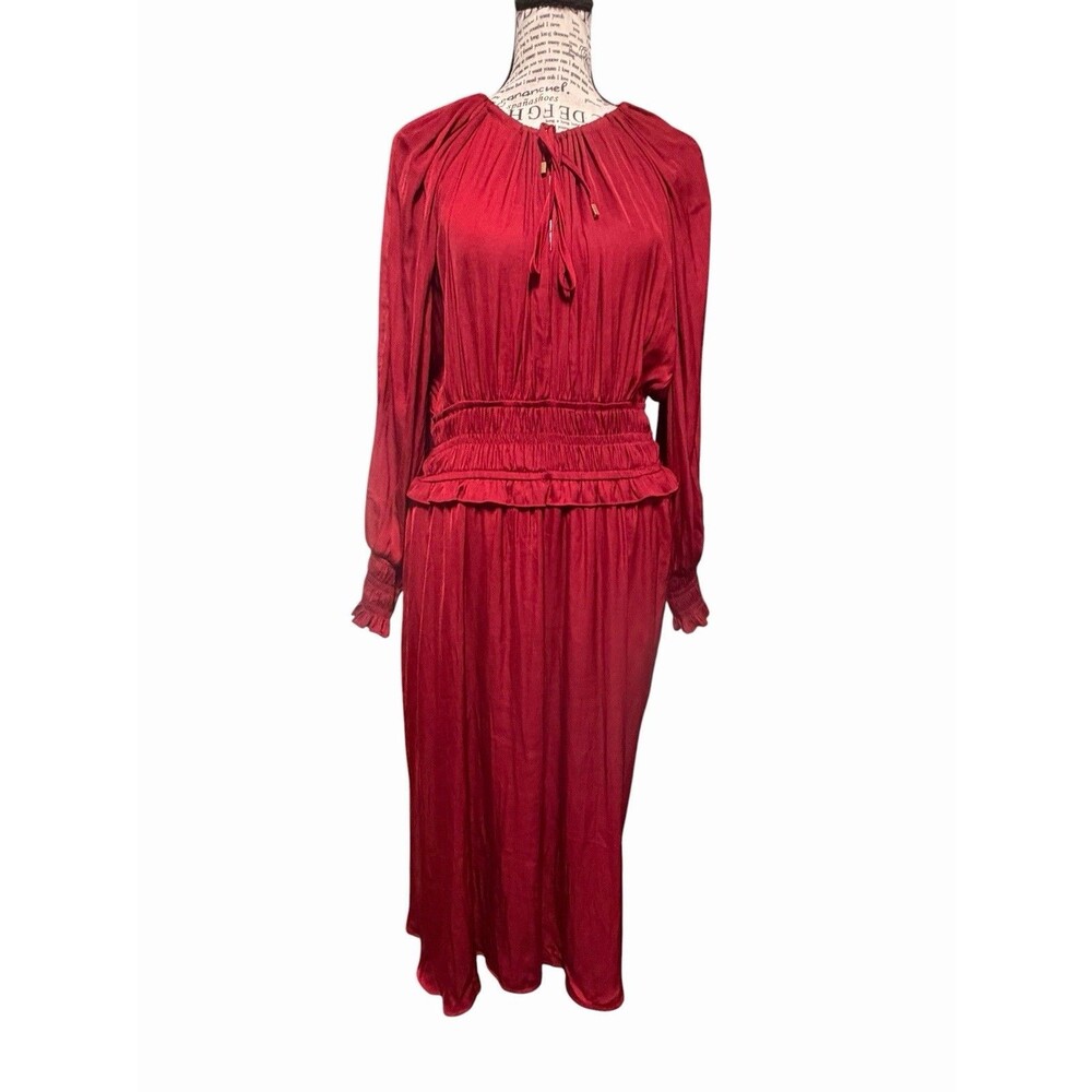 T Tahari Red Midi Dress Size Large Ruffle Smock Waist & Cuffs Pockets NWT Gothic